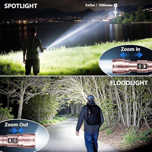 WdtPro LED Rechargeable Flashlight 2 Pack, 3 Modes Super Bright High Lumens Flashlights, Zoomable Tactical Flash Light with LCD Display, IP65 Waterproof Flashlights for Home Emergency Camping - Pink - color: Pink