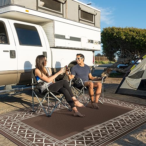 GENIMO Outdoor Rug Waterproof for Patio, 8'x10' Foldable Reversible Plastic Straw Carpet for Travel Trailers, Outside Area Mat for Rv, Deck, Picnic, Porch, Camper, Balcony, Beach, Coffee & Beige - color: Coffee & Beige | Natural, size: 8' x 10' (Rectangul