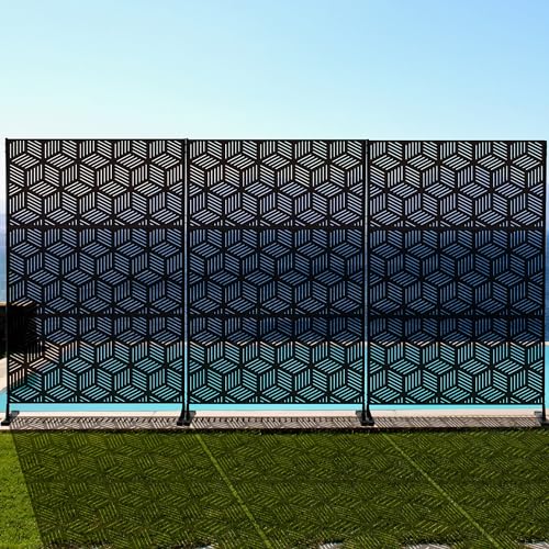 Kozyard Metal Privacy Screen 74" H x 47.2" W Decorative Outdoor Divider with Stand Panels Freestanding Screen Set for Deck Patio Balcony Garden Outdoor&Indoor(Black/Cube) - color: Black/Cube