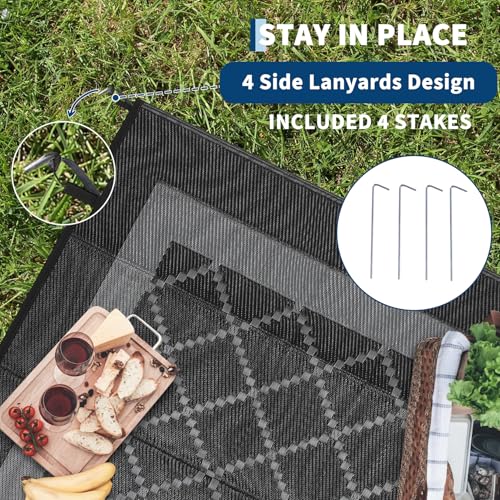 Garvee Outdoor Patio Rug 9x18 Waterproof Reversible Mat Boho Modern Trellis Outdoor Plastic Straw Rug with 4 Stakes Portable Area Rug for Camping Porch Deck Rv Balcony Backyard Beach, Black&Grey - color: Geometric|black&grey, size: 9' x 18' (Rectangular)