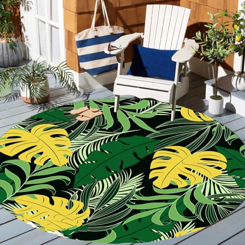 Round Gold Green Jungle Monteral Palm Leaves Texture Tropical Flora Rug for Patio Balcony Deck Camping Porch Waterproof Outside Area Rug 2' Non Slip Carpet - color: J, size: 2ft