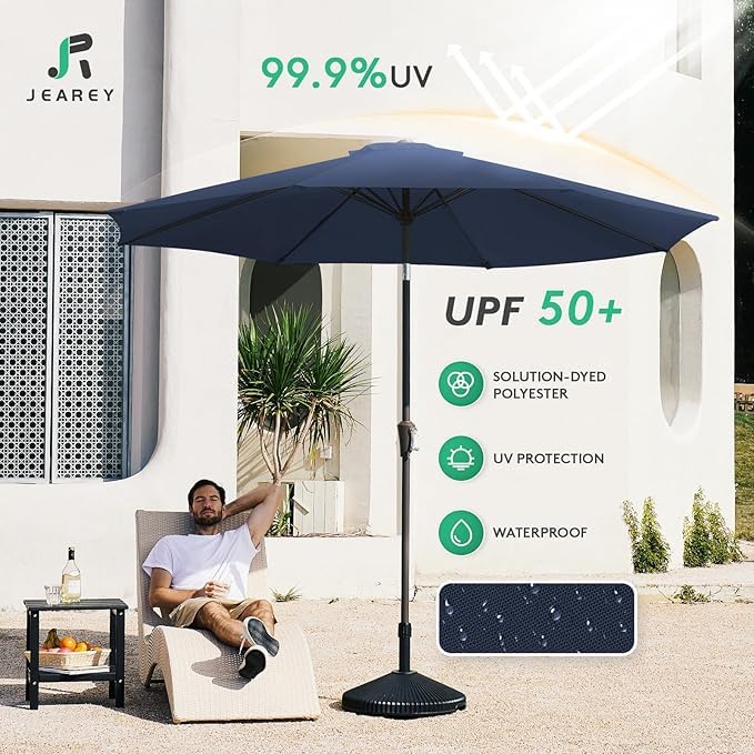 JEAREY Outdoor Patio Umbrella 9FT Outdoor Table Umbrella with Push Button Tilt and Crank, Market Umbrellas 8 Sturdy Ribs UV Protection Waterproof for Garden, Deck, Pool (Purplish Blue) - color: Purplish Blue