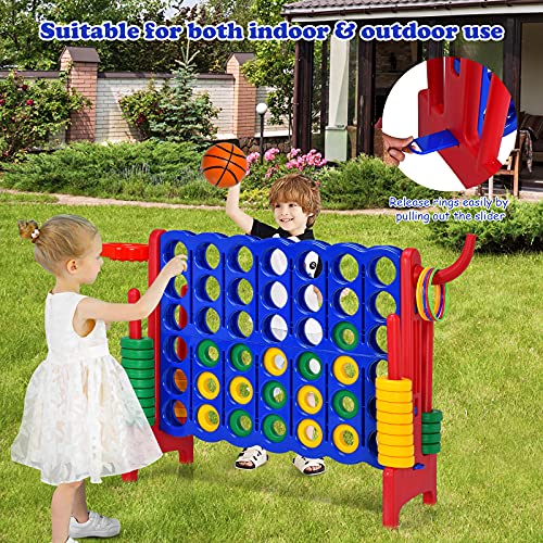 Costzon Giant 4-in-A-Row, Jumbo 4-to-Score Giant Game w/Basketball Hoop, Ring Toss, Quick-Release Slider, 42 Jumbo Rings, Indoor Outdoor Family Connect Game for Kids & Adults, Backyard Games, Red - color: Blue/Red