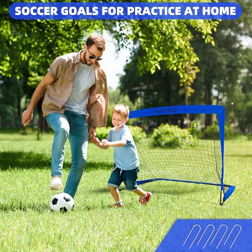 HAFHAF Soccer Goals, 4x3 ft Portable Kid Soccer Goals for Backyard with Ball, Ladder, and Cones Pop Up Soccer Net Soccer Set for Kids Age Youth and Toddler Games, Sports Outdoor Indoor - color: Blue
