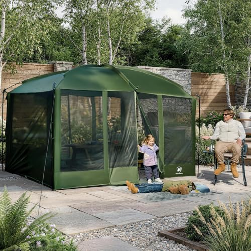EVER ADVANCED Magnetic Screen House Room 11x9ft, Hands-Free Entry,Screenhouse with Sun Protection for Camping&Picnic, 11x9ftCamping Tent Canopy Shelter with Mesh, Green - color: Green