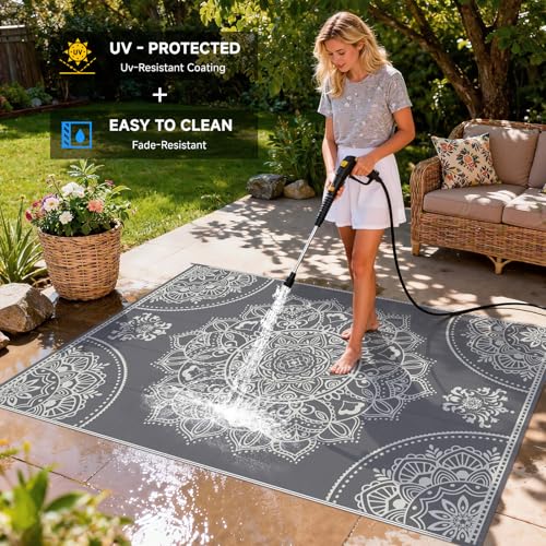 Pauwer Waterproof Outdoor Rug 6x9, Reversible Plastic Straw Patio Camping Rug, Indoor Outdoor RV Mat Carpet for Deck, Camper, Porch, Balcony, Backyard, Picnic, Floral Grey - color: Floral Grey, size: 6' x 9' (Rectangular)