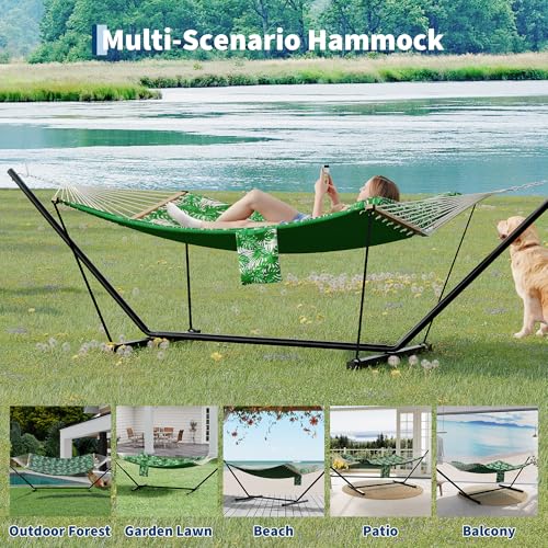 2 Person Double Hammock with Adjustable Steel Stand & Pillow, Heavy Duty Portable Outdoor Hammock Set, MAX 450 LBS Weight Capacity for Patio, Garden, Beach, Backyard - color: V-banana Leaf Green