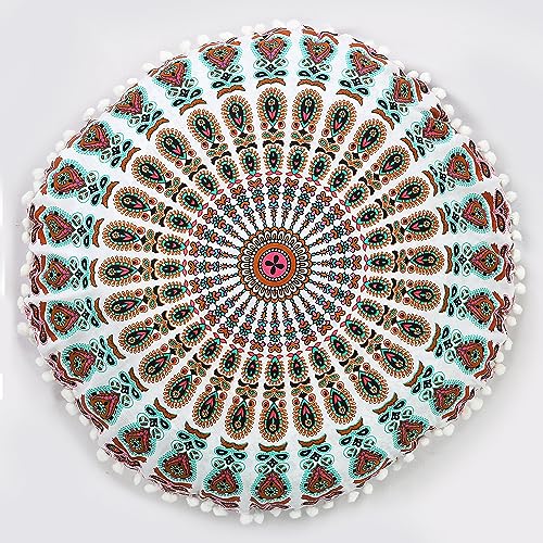 Indian Consigners Floor Cushion Covers 22" Round Mandala Ombre Zipped Ottoman Cover - color: Pink-mustard-green