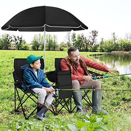 LUARANE Folding Double Camping Chair, Outdoor Picnic Chairs w/Removable Umbrella, Mini Table, Cup Holder & Carrying Bag, Portable Camping Loveseat for Patio, Pool, Lawn, Beach, Park (Black) - color: Black