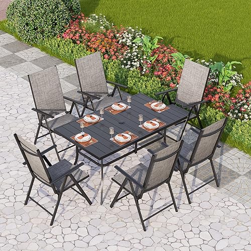 PHI VILLA Patio Dining Set for 6, Outdoor Dining Table and Chairs Furniture Set with Adjustable Foldable Patio Dining Chairs (Gray) & Metal Steel Table for Garden - color: Grey, size: 7 Piece
