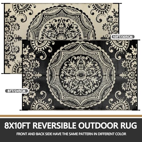 Capslpad Outdoor Rug 8x10 Patio Waterproof Boho Floral Plastic Straw Rug Large Foldable Vintage Outside Carpet with Carry Bag for RV Backyard Balcony Bench Picnic Porch,Black and Brown - color: Black&brown, size: 8' x 10' (Rectangular)