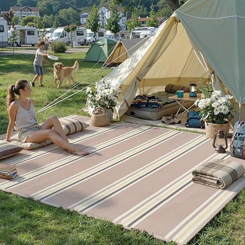 PureCozy Outdoor Waterproof 5x8 Rug for Patio Reversible Plastic Straw Beige Striped Camping Mat Outside Lightweight Large Floor Mat for RV Deck Beach Balcony Picnic Backyard Entry Porch - color: Stripe | Beige Cream, size: 5' x 8' (Rectangular)
