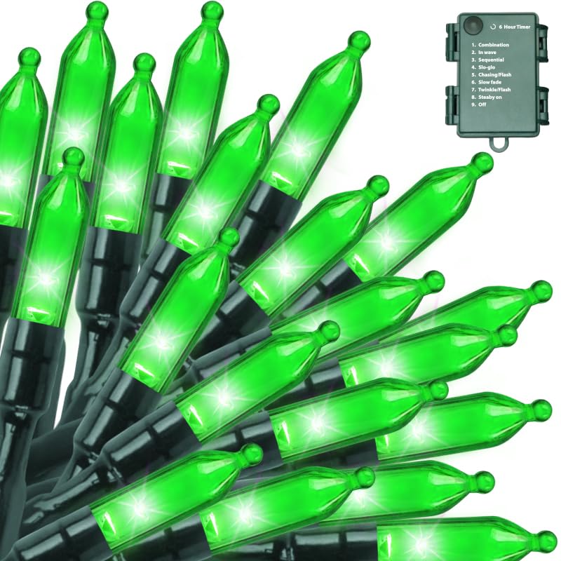 LAMPHOME 50 LED St Patricks Day Mini String Light, Green16 FT Outdoor Christmas Lights with 9 Modes & 6 Hour Timer, Waterproof Battery Operated for Indoor Outdoor Patio Garden Party Tree Decoration - color: Green, size: 50 Count