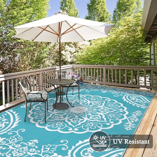 Pauwer Reversible Outdoor Rug, 6'x9', Waterproof Polypropylene Patio Mat, RV, Balcony, Deck, Beach, Picnic - color: Boho Teal, size: 6' x 9' (Rectangular)