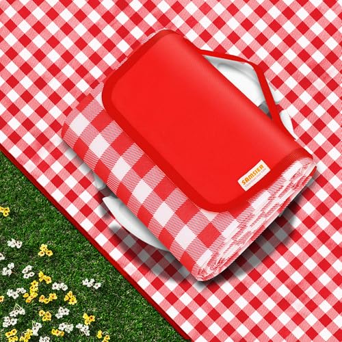 SAMSIER Outdoor Picnic Blankets Waterproof Foldable Sandproof, Large Gingham Cute Picnic Mat Washable Portable for Park Beach Camping Courtyard (Red, 60"×80") - color: Red, size: 5' x 6'8" (Rectangular)