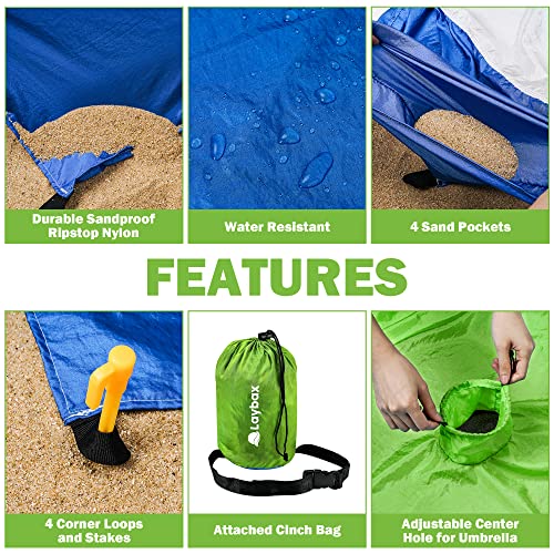 Green Beach Blanket with Umbrella Hole 7ftx5ft- Water Resistant, Sandproof, Lightweight, Rip-Stop Nylon with Umbrella Hole & Sand Pockets, Camping Essentials, Beach Canopy Compatible - color: Green, size: 7x5