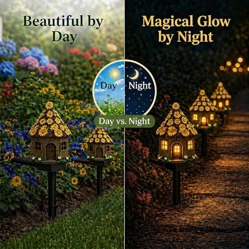 Solar Yellow Daisy Cottage Lights Outdoor, 2 Pack Waterproof Fairy Garden Pathway Lights, Hand-Painted Resin Flower House Decor for Yard Lawn Patio, Gift for Garden Lovers - style: Yellow Floral Fairy Cottage