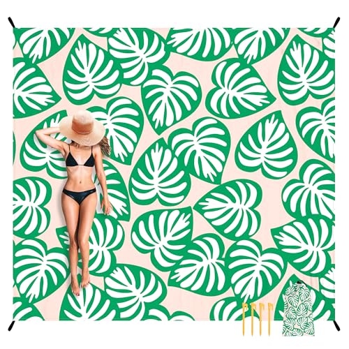 Beach Blanket Waterproof Sandproof, 9 Ft X 10 Ft Extra Large Sand Free Beach Mat, Big Compact Lightweight Quick Drying Picnic Blanket with 4 Stakes & Pockets for Camping, Travel, Hiking - color: Palm Leaf, size: 9x10 FT (1～8 Person)