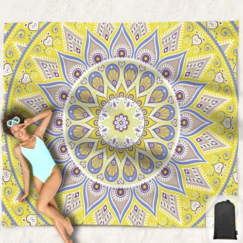 Beach Blanket Waterproof Sandproof Oversized 95”x 80”,Sand Free Beach Mat with Corner Pockets,Portable Mesh Bag for Beach Festival,Picnic,Travel and Outdoor Camping (Yellowtan) - color: Yellowtan