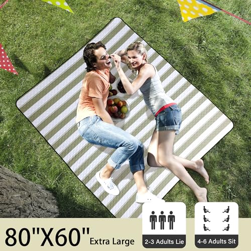 HX&OD Outdoor Picnic Blanket Extra Large, 80”x60” Waterproof Picnic Mat Foldable Camping Blanket Portable with Carry Strap for Beach Mat (Green) - color: Green&white, size: 80 x 60 inches