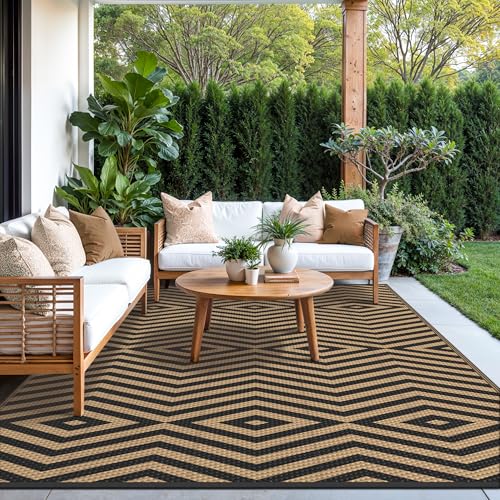 GENIMO Outdoor Rug for Patio Clearance, 8'x10' Reversible Plastic Straw Rugs, Lightweight Waterproof Modern RV Camping Mat for Camper, Balcony, Deck, Backyard, Picnic, Black Brown - color: Black&brown-x, size: 8' x 10' (Rectangular)