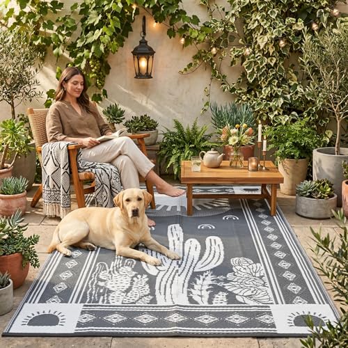 Garvee Waterproof Outdoor Rug 5x8, Cactus Botanical Outdoor Plastic Straw Rug for Camping, Reversible RV Mat Outside, Indoor Outdoor Carpet for Porch, Deck, Backyard, Balcony, Picnic, Grey - color: Grey & White-cactus, size: 5' x 8' (Rectangular)
