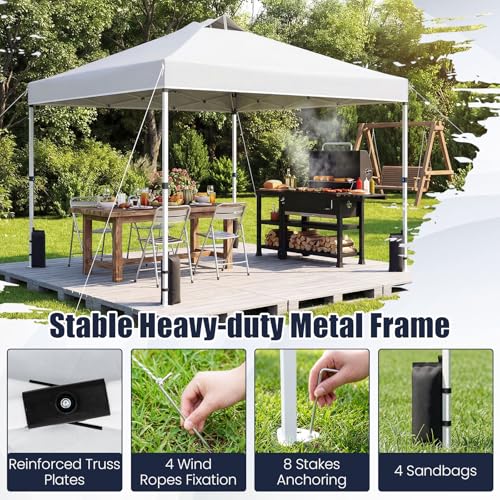 Tangkula 10 x10 Ft Pop Up Canopy with Center Lock, UPF 50+ One-Button Setup Outdoor Canopy Tent with Roller Bag, 4 Sand Bags, Heavy-Duty Steel Frame, 8 Stakes, 4 Ropes for Camping, Picnic - color: White