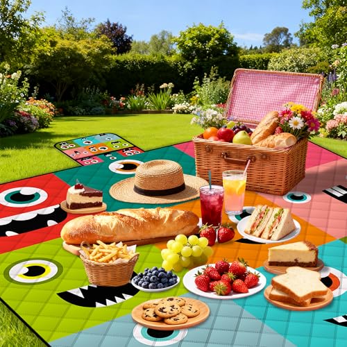 Extra Large Picnic Blanket Waterproof,80"x 80"Foldable Machine Washable Beach Blankets,Outdoor Blanket for 6-8 Adults,Picnic Mat Suitable for Indoor Crawling,Park Beach,Camping,Hiking,Travel (Face） - color: Orange Smiley, size: 6'8" x 6'8" (Square)