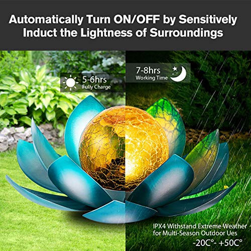 AIINY Solar Light Outdoor(2Pack), Art Crackle Globe Glass Lotus Decoration, Solar LED Waterproof Blue Metal Flower Lights for Patio,Lawn,Walkway,Tabletop - color: Blue