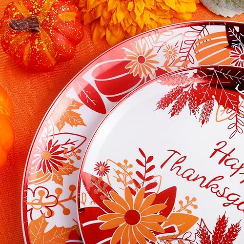 Rubtlamp 60PCS Thanksgiving Plastic Plates, White Orange Pumpkin Plates, Red Disposable Plates with Maple Leaves, Fall Disposable Plates Include 30 Dinner Plates, 30 Salad Plates For Thanksgiving - color: White Orange