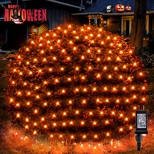 BlcTec Halloween Lights 200 LED 8.4ft x 5.2ft Orange Net Lights with 8 Modes, UL Certified, Timer, Connectable, Waterproof, Dark Green Wire for Trees, Bushes, Shrub, Lawn Halloween Decorations Outdoor - color: Orange, size: 200LED