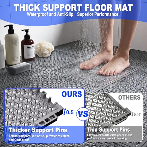 16 PCS Modular Interlocking Cushion Interlocking Floor Tiles with Hole Drainage Mat 10" x 10" Non Slip Pool Deck Mat Outdoor for Drain Deck Pool Patio Shower Kitchen Balcony (Grey) - color: Grey