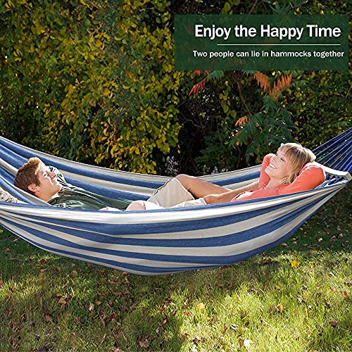 MOSFiATA Hammocks Portable Camping Hammock Upgraded 550lb Comfortable Fabric Hammock with Two Anti Roll Balance Beam and Sturdy Metal Knot Tree Straps for Camping, Patio, Backyard, Outdoor(Blue White) - color: Blue White