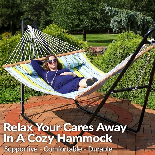 Sunnydaze Quilted Double Hammock for Outside with Spreader Bars and Pillow - 450 lb Capacity, 74x55 Inch Bed, UV Resistant, Quick Dry - Chains Included, Stand Sold Separately - Blue & Green - color: Blue and Green
