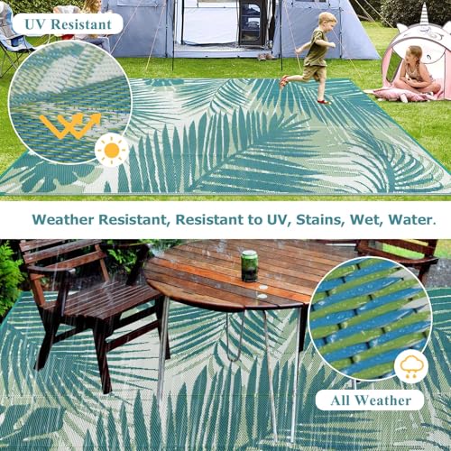 famibay Outdoor Rug Waterproof 5x8, Reversible Plastic Straw Patio Camping Rugs, Portable Indoor Outdoor RV Area Rug for Deck, Porch, Balcony, Backyard, Picnic, Beach, Pool, Leaf Tricolor Green - color: Tri-color Green, size: 5' x 8'