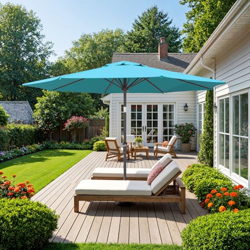 Outdoor Patio Umbrella, Table Umbrella with Push Button Tilt and Crank, 8 Ribs Market Umbrella - color: Blue-Steel Ribs, size: 9FT