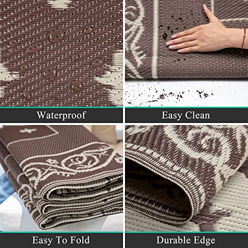 Pauwer Waterproof Outdoor Rug 6x9, Reversible Plastic Straw Patio Camping Rug, Indoor Outdoor RV Mat Carpet for Deck, Camper, Porch, Balcony, Backyard, Picnic, Bordered Brown - color: Bordered Brown, size: 6' x 9' (Rectangular)