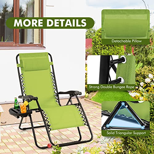 Giantex 2 PCS Zero Gravity Chair, Outdoor Chaise Lounge with Cup Holder, Patio Folding Chairs Recliner for Yard Pool Lawn Balcony - color: Green, size: 1 Count (Pack of 2)