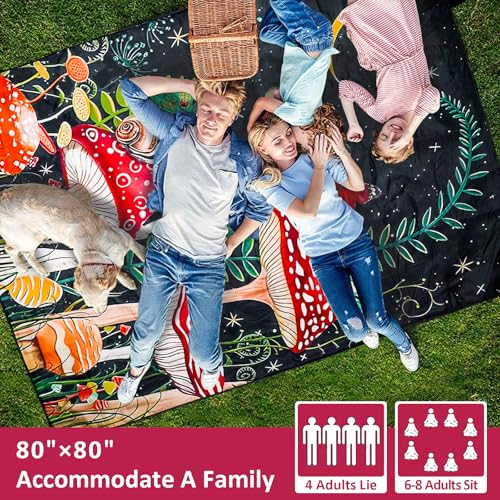 Mushroom Picnic Blankets Waterproof Foldable Picnic Outdoor Blanket 80"x 80" Picnic Mat 3-Layer Thicking Outdoor Foldable Blankets Sandproof Lightweight Beach Blankets with Strap Machine Washable - color: Mushroom, size: 80*80in