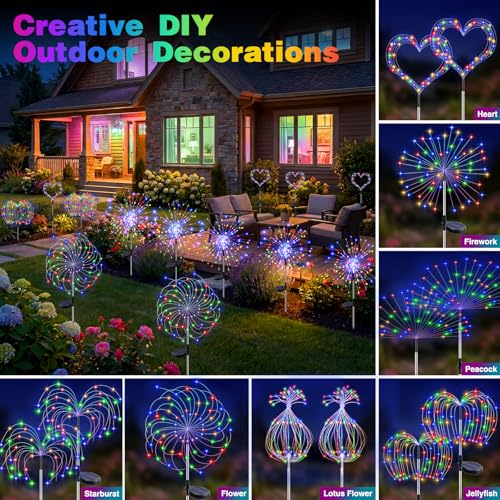btfarm 2 Pack Solar Garden Lights Outdoor 8 Modes, 120 LED Firework Lights Solar Powered, Waterproof Twinkle Fairy Light Outside for Yard Pathway Lawn Pool Patio Christmas Decorative, Multicolor - color: Coloured, size: 2 Pack