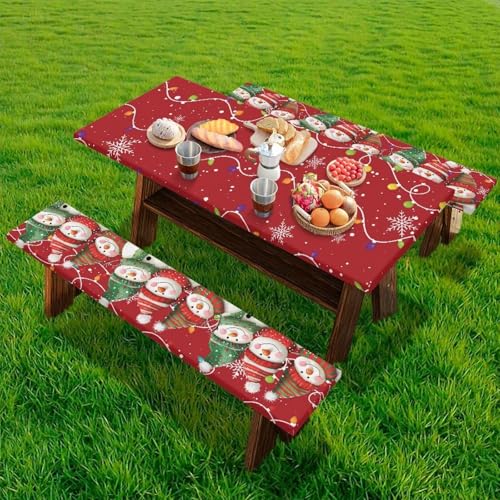 3 PCS Fitted Picnic Table Cover with Bench Cover Fitted Rectangle Tables and Seats Christmas Lights Snowmen Outdoor Picnic Table Cover for Camping - color: Christmas Lights and Snowmen, size: Small
