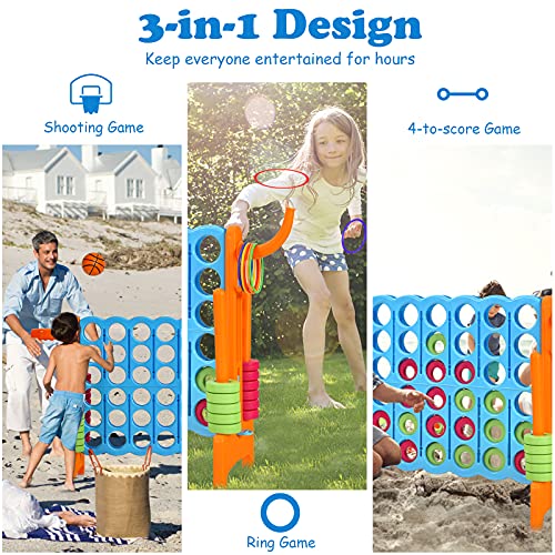 Costzon Giant 4-in-A-Row, Jumbo 4-to-Score Giant Game w/Basketball Hoop, Ring Toss, Quick-Release Slider, 42 Jumbo Rings, Indoor Outdoor Family Connect Game for Kids & Adults, Backyard Games, Orange - color: Baby Blue/Orange