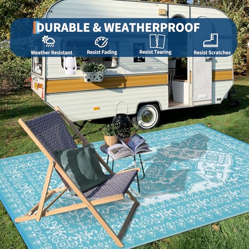 GarveeHome Outdoor Patio Rug 9x12 Outdoor Rug Waterproof Reversible Mat Carpet, Vintage Boho Rug Large Outdoor Plastic Straw Rug for Patio Deck Balcony Pool RV Camping Beach Picnic Blue&White 9'x12'