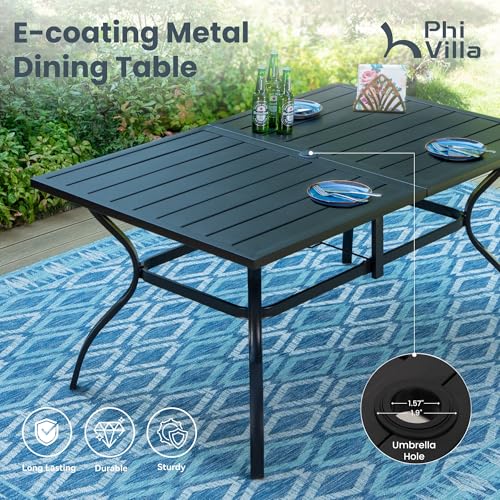 PHI VILLA 7 PCS Patio Dining Set, Rectangle Metal Table with 1.57" Umbrella Hole and 6 High Back Textilene Swivel Chairs, Suitable for All Weather - color: Brown Fabric, size: 60"L x 38"W x 28"H-7 Piece-Metal