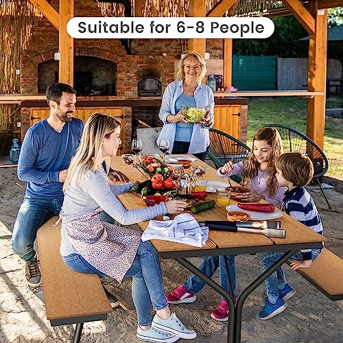 Giantex 6 FT Outdoor Picnic Table Bench Set for 6-8 People, 2400 LBS Capacity Patio Dining Table & 2 Benches with Metal Frame & HDPE, Balcony Conversation Set for Poolside Deck Garden (Brown) - color: Brown
