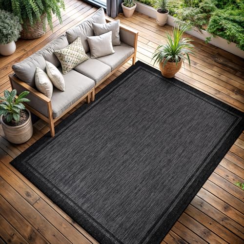 CAMILSON Indoor Outdoor Rug, 9x12 Bordered Dark Grey Black Modern Large Area Rugs for Indoor and Outdoor Patios, Kitchen and Hallway Mats, Washable Porch Deck Outside Carpet (Bordered Black, 9 x 12) - color: Bordered Black, size: 9' x 12' (Rectangular)