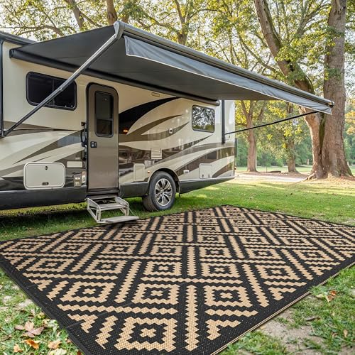 sarben Outdoor Rug for Patio - Waterproof Plastic Straw Camping Rugs 10x14 ft, Reversible Outdoor Indoor RV Mat Carpet for Patio, Porch, Deck, Balcony, Picnic, Beach, Black Brown - color: Black&brown, size: 10' x 14' (Rectangular)