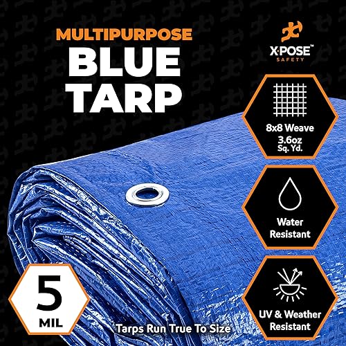 Better Blue Poly Tarp 6' x 8' (2-Pack) - Multipurpose Protective Cover - Lightweight, Durable, Waterproof, Weather Proof - 5 Mil Thick Polyethylene - by Xpose Safety - color: Blue, size: 6 Feet x 8 Feet (2pk)