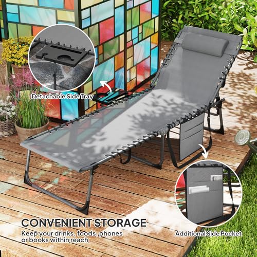 Outsunny Folding Chaise Lounge Chair Outdoor Tanning Chair with Side Table, 5-Level Adjustable Beach Lounge Chair with Headrest, Side Pocket for Patio, Backyard, Beach, Poolside, Gray - color: Grey