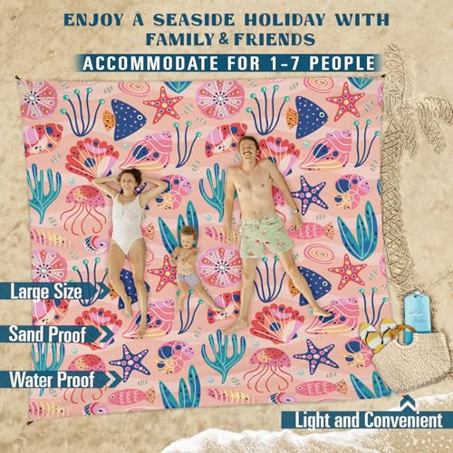 Famstar Beach Blanket Sandproof Waterproof 78''×110'' 1-7Adults Oversized,Compact Lightweight Durable Beach Mat for Travel Camping Hiking Picnic Blanket - color: Pink Ocean, size: 78''×110''